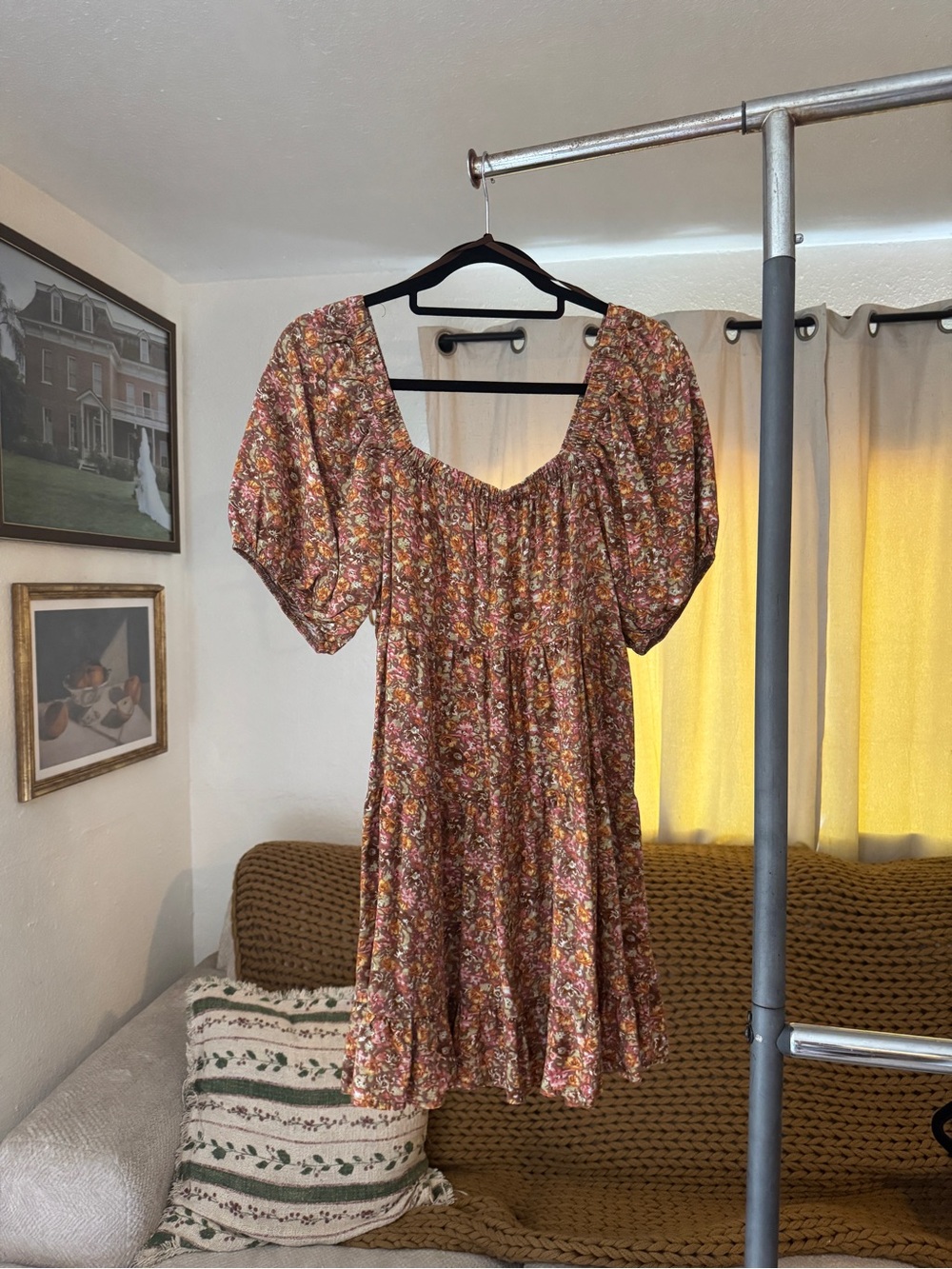 wild fable Rust Floral Puff-Sleeve Mini Dress